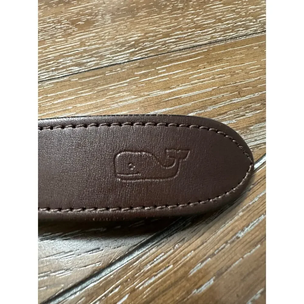 EUC Vineyard Vines Sz 30 Crab Fabric Leather Belt Gold Buckle Pink Nautical Navy